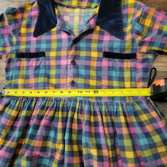 Vintage Handmade Womens Colorful Plaid Velvet Longsleeve Babydoll Dress Size M - Picture 4 of 8